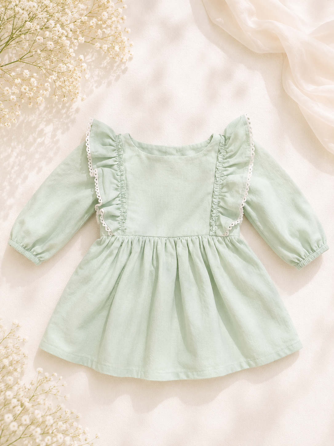 Paisley Long Sleeve Dress with belt - Pistachio