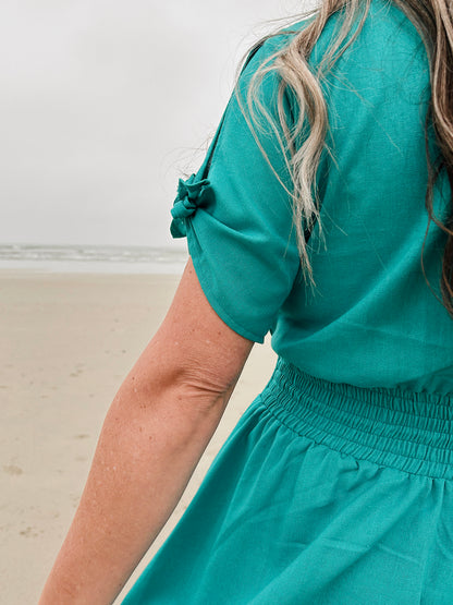 Womens Knotted Sleeve Maxi Tier Dress - Aquamarine