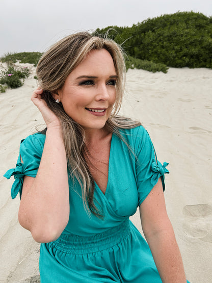Womens Knotted Sleeve Maxi Tier Dress - Aquamarine
