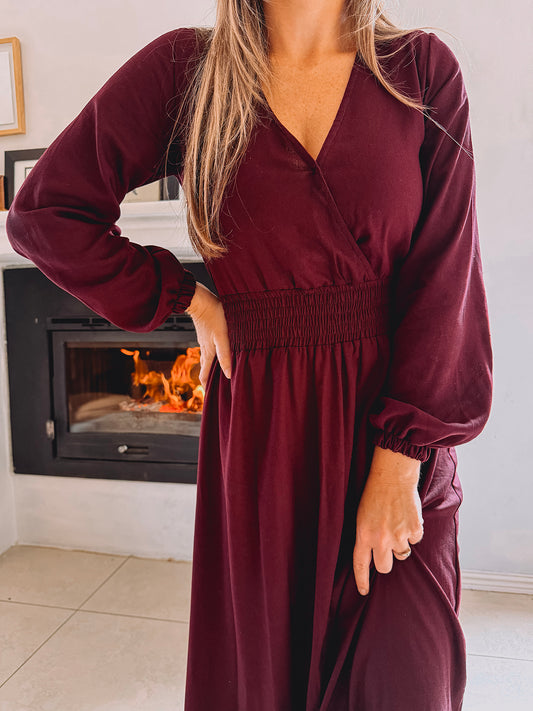 Womens Long Sleeve Maxi Tier Dress - Black Cherry