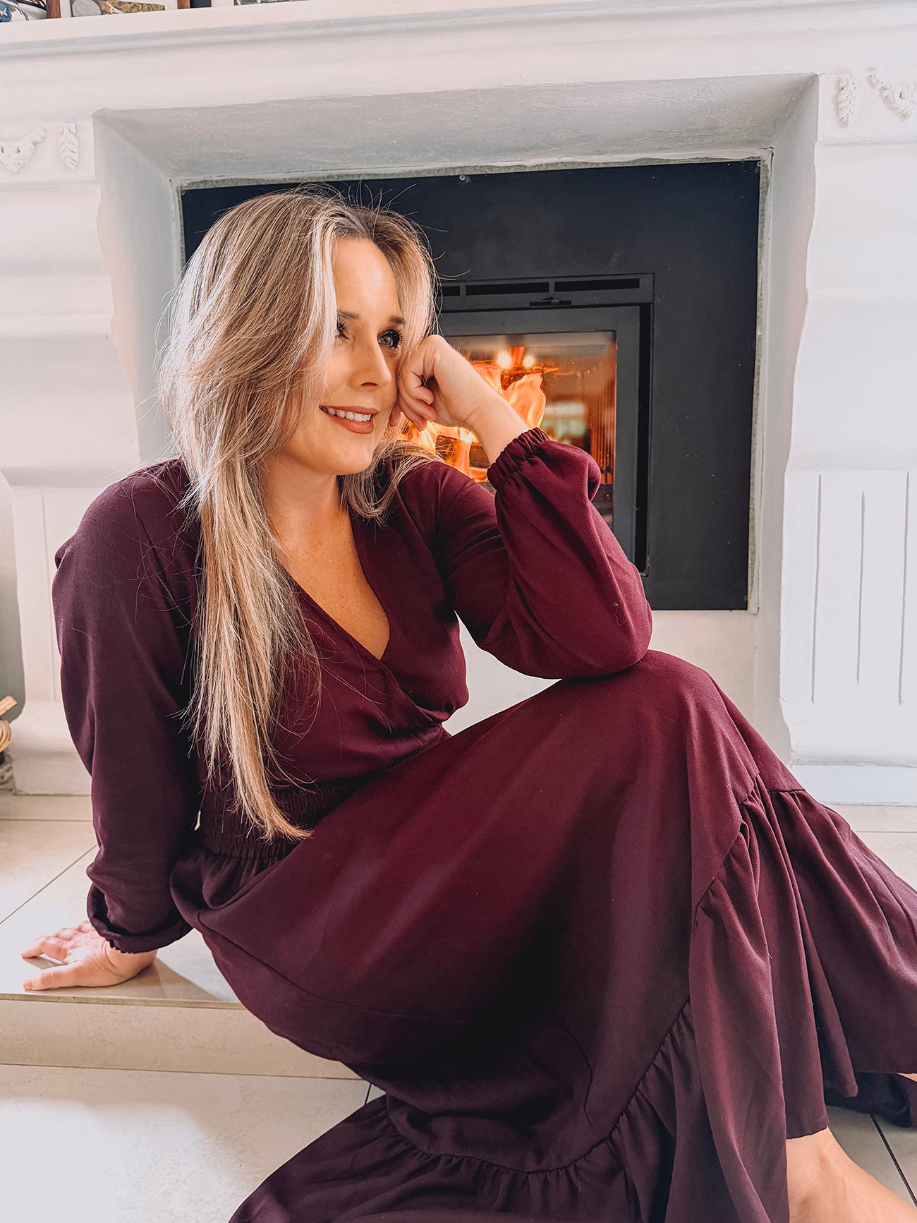 Womens Long Sleeve Maxi Tier Dress - Black Cherry