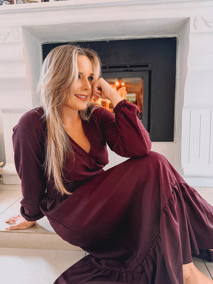 Womens Long Sleeve Maxi Tier Dress - Black Cherry