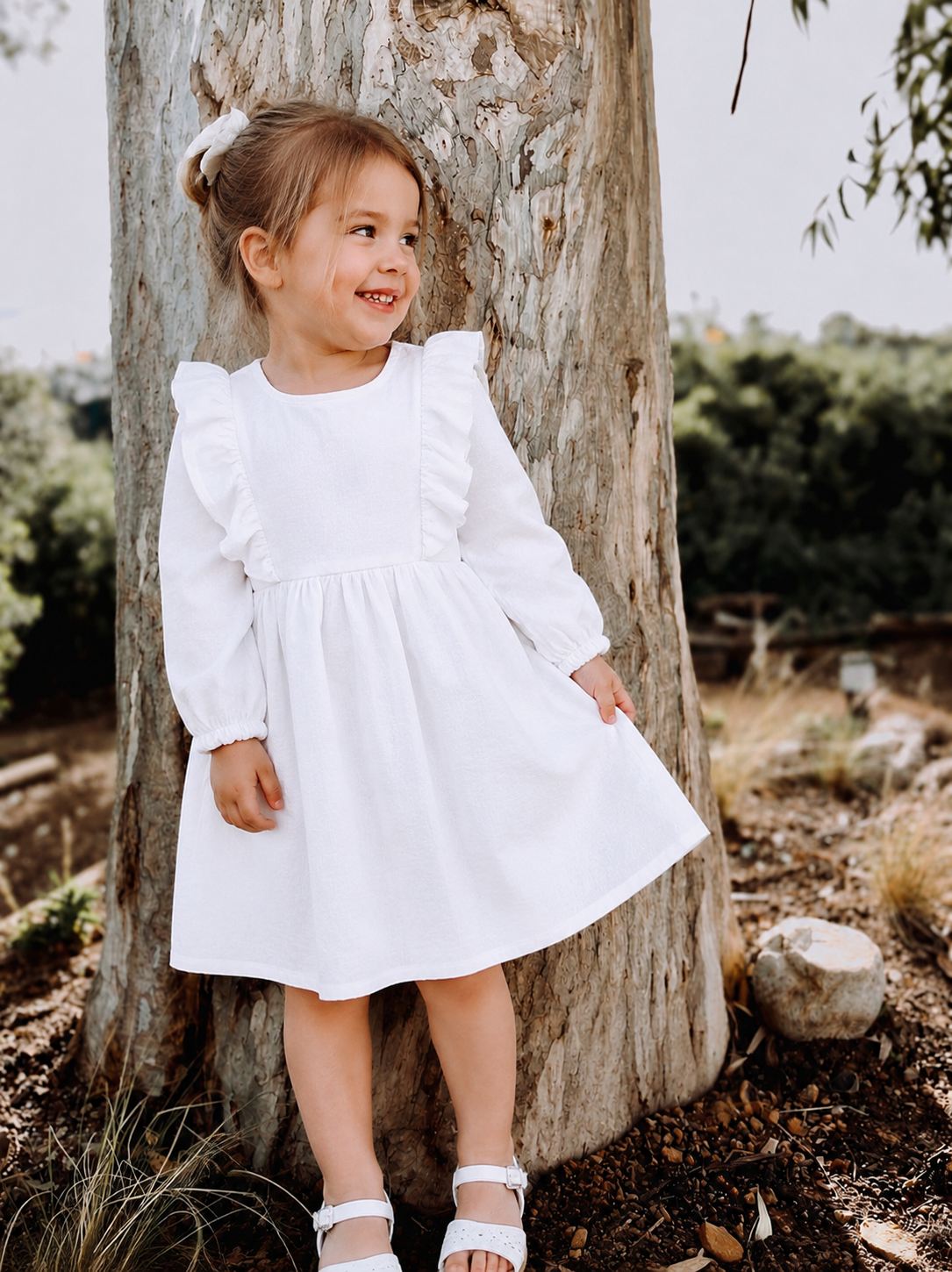 Paisley Long Sleeve Dress - White Linen