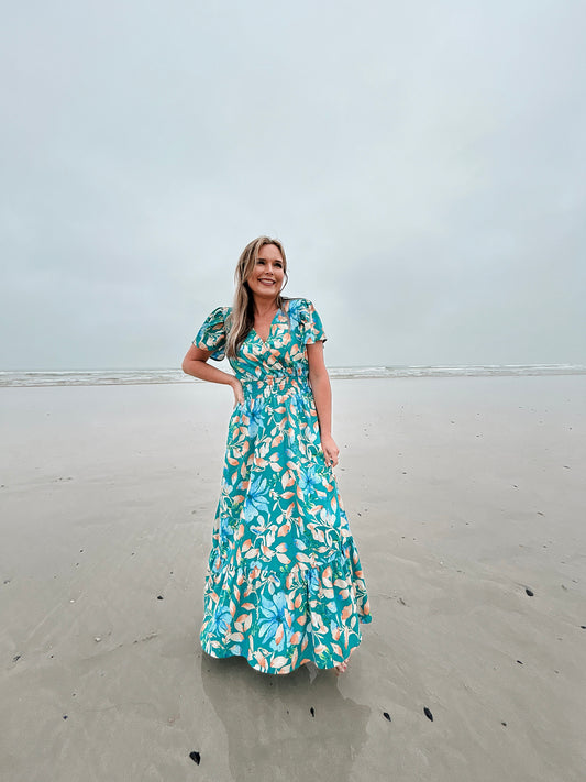 Womens Short sleeve Maxi Tier Dress - Ocean Reef (limited edition)