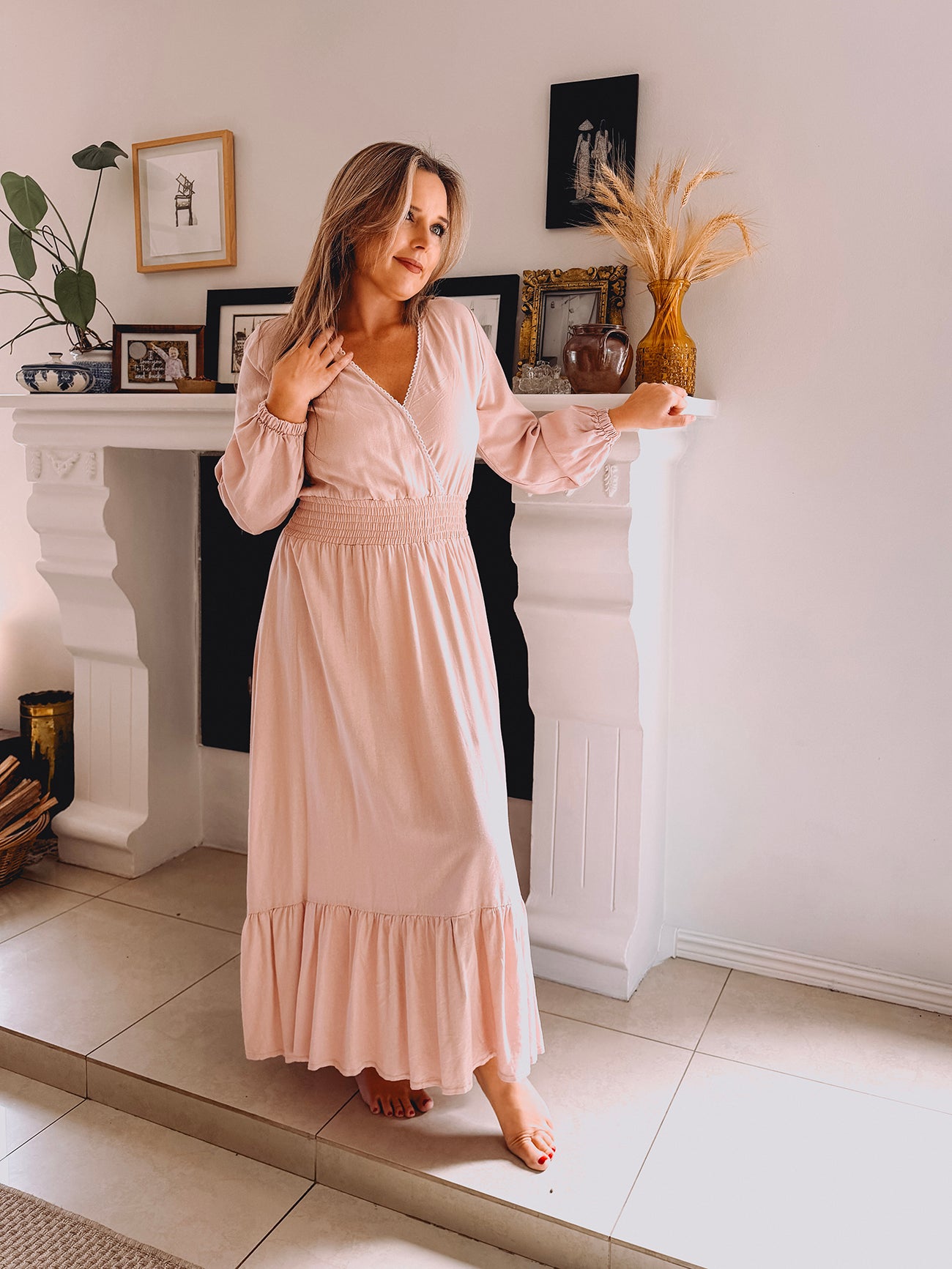 Womens Long Sleeve Maxi Tier Dress - Pink Promise