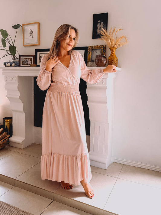 Womens Long Sleeve Maxi Tier Dress - Pink Promise