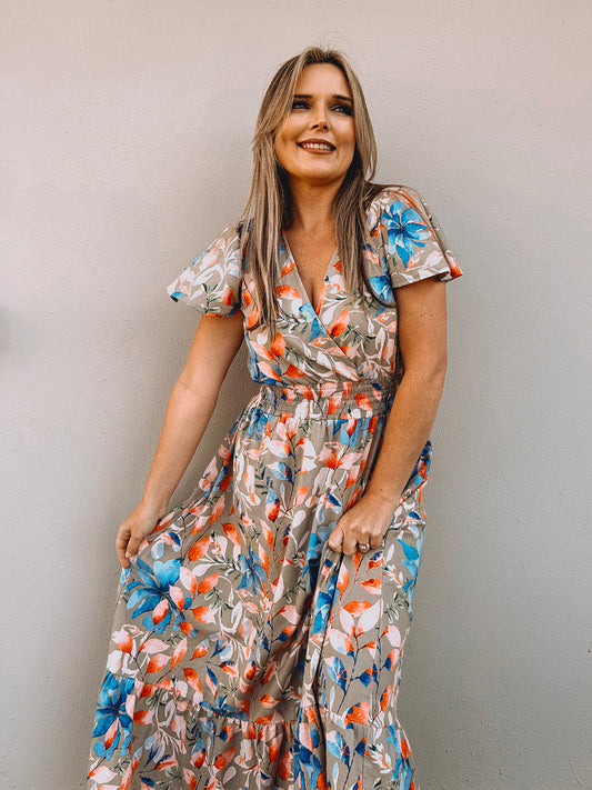 Womens Short sleeve Maxi Tier Dress - Wheat Harvest Floral (limited edition)