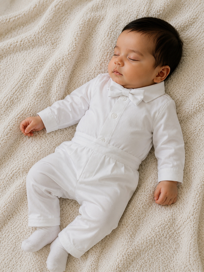 The Raphael Christening Set - White Linen (Collared Onesie + Chino pants + Bow tie included)