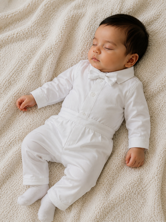The Raphael Christening Set - White Linen (Collared Onesie + Chino pants + Bow tie included)