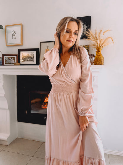 Womens Long Sleeve Maxi Tier Dress - Pink Promise