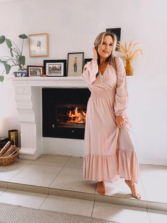 Womens Long Sleeve Maxi Tier Dress - Pink Promise