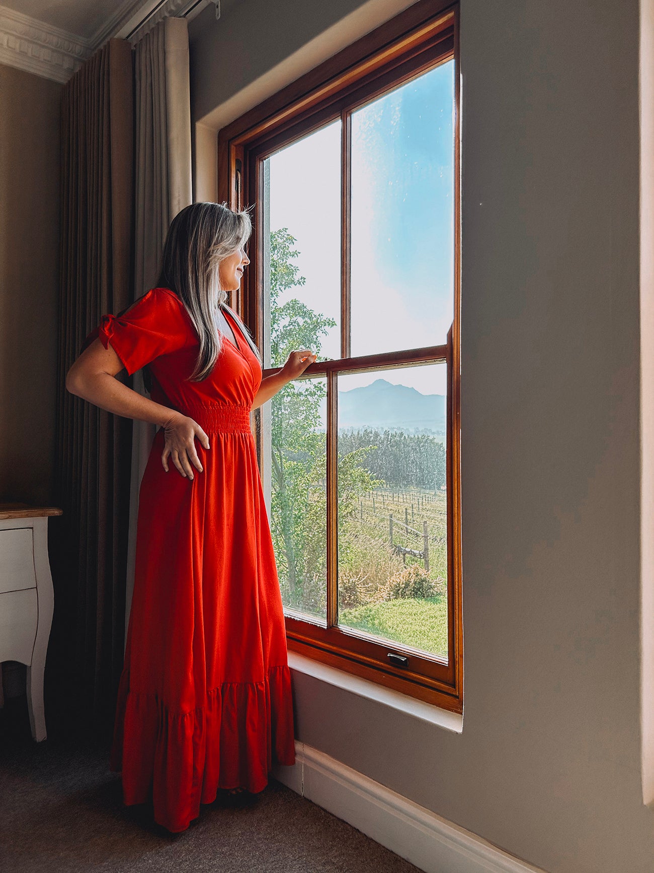Womens Knotted Sleeve Maxi Tier Dress - Forget me not Red