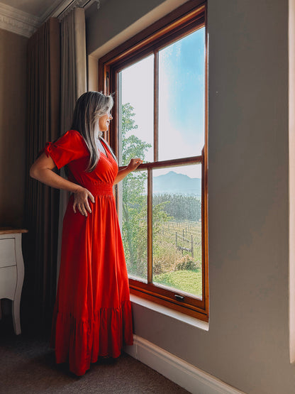 Womens Knotted Sleeve Maxi Tier Dress - Forget me not Red