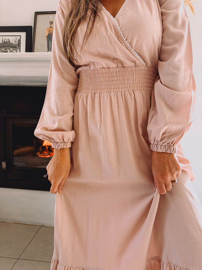 Womens Long Sleeve Maxi Tier Dress - Pink Promise