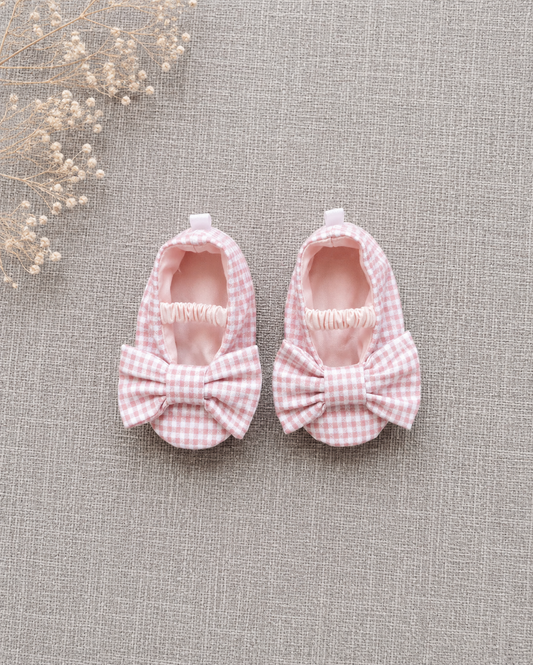 Soft Sole Shoes with bow - Check Pink/White
