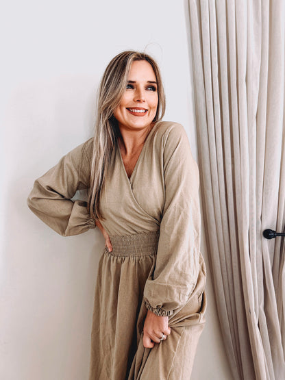 Womens Long Sleeve Maxi Tier Dress - Wheat Harvest