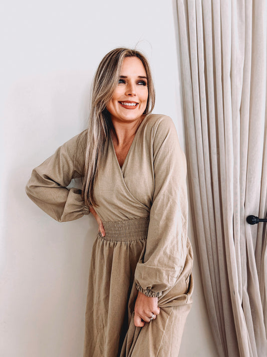 Womens Long Sleeve Maxi Tier Dress - Wheat Harvest