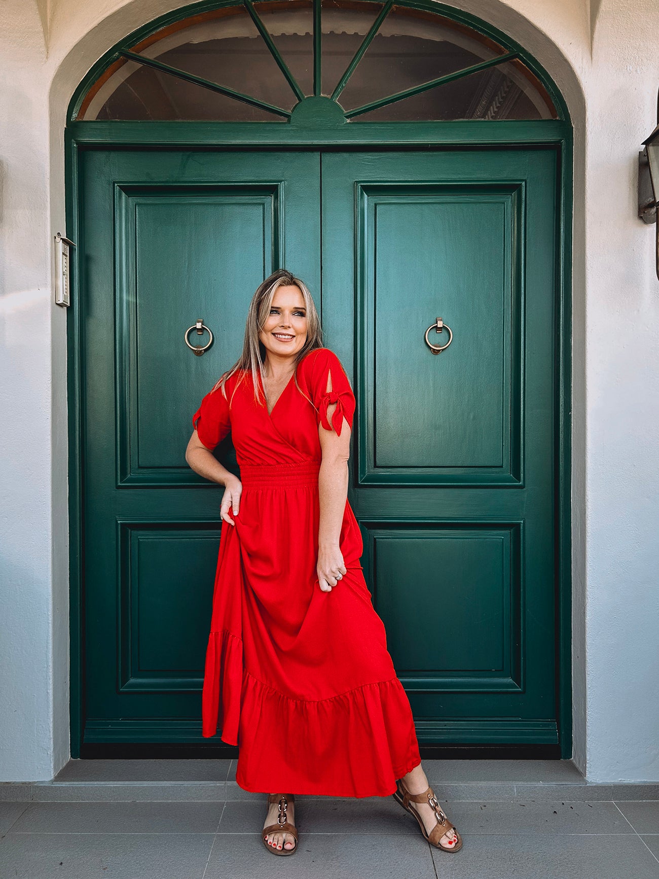 Womens Knotted Sleeve Maxi Tier Dress - Forget me not Red