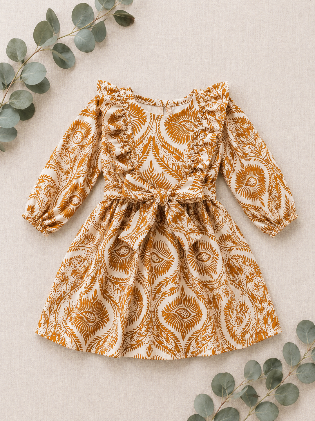 Paisley Long Sleeve Dress with belt - Anthea Rust