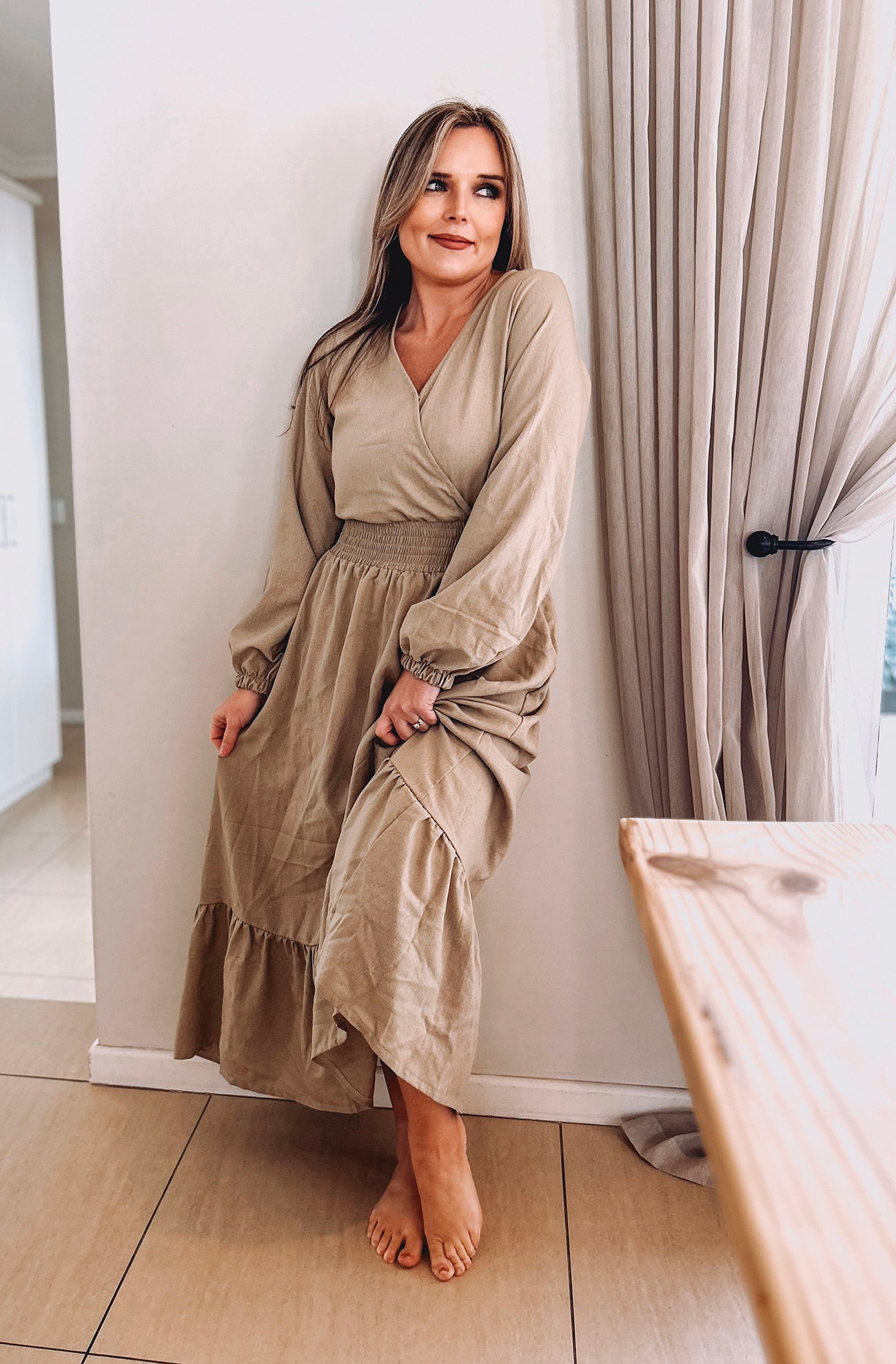 Womens Long Sleeve Maxi Tier Dress - Wheat Harvest