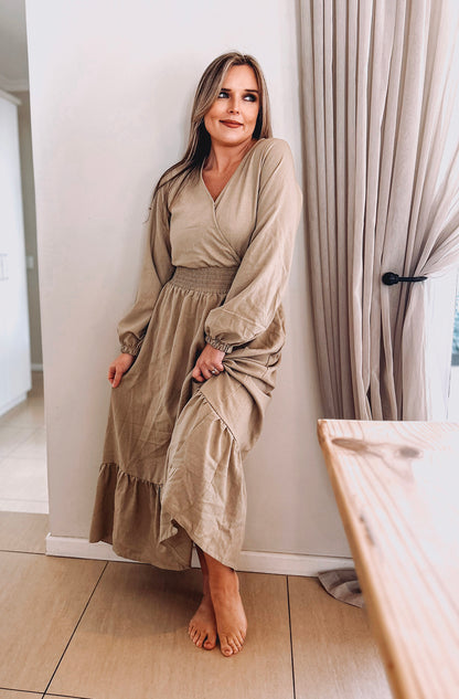 Womens Long Sleeve Maxi Tier Dress - Wheat Harvest