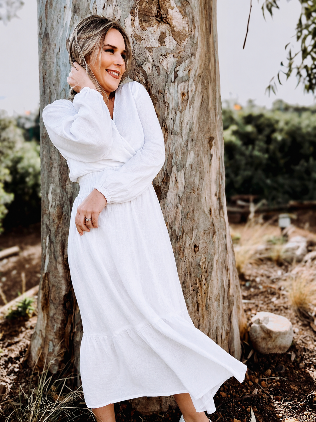 Womens Long Sleeve Maxi Tier Dress - White Linen