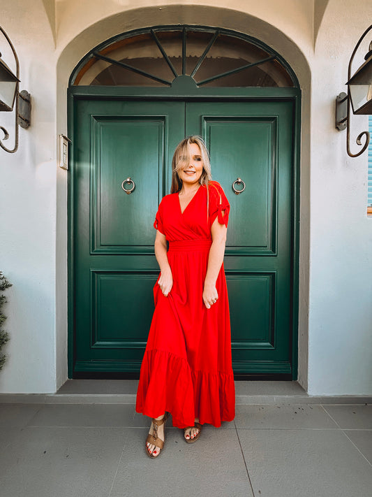 Womens Knotted Sleeve Maxi Tier Dress - Forget me not Red