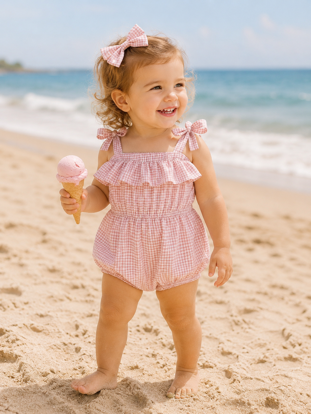 Tie Strap Romper - Check Pink/White (headband sold separately)