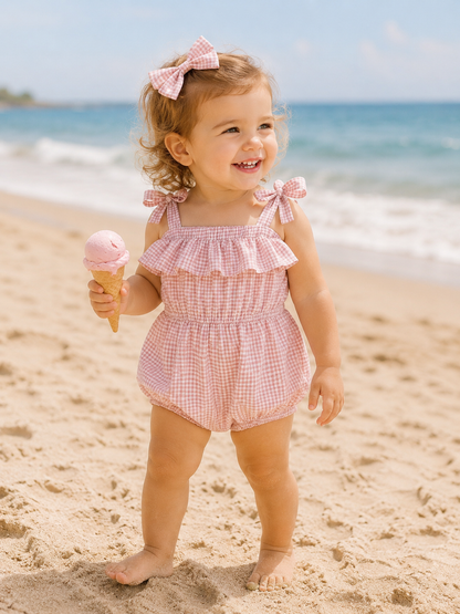 Tie Strap Romper - Check Pink/White (headband sold separately)