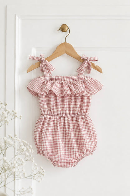 Tie Strap Romper - Check Pink/White (headband sold separately)