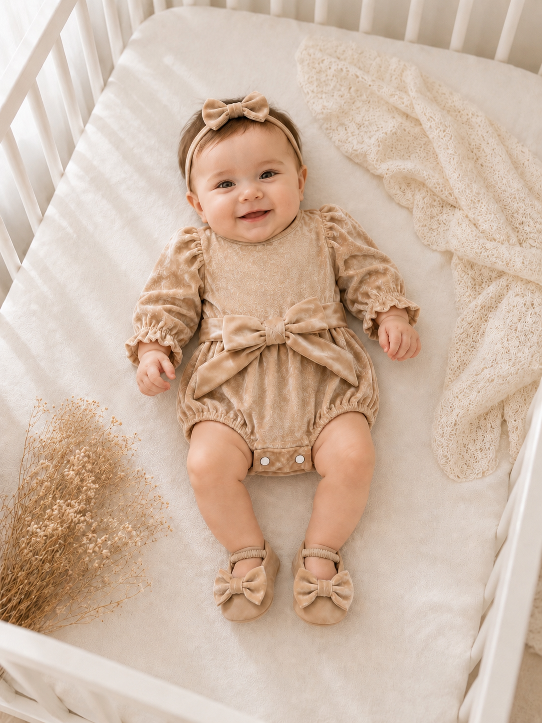 Champagne long sleeve Romper - accessories sold separately