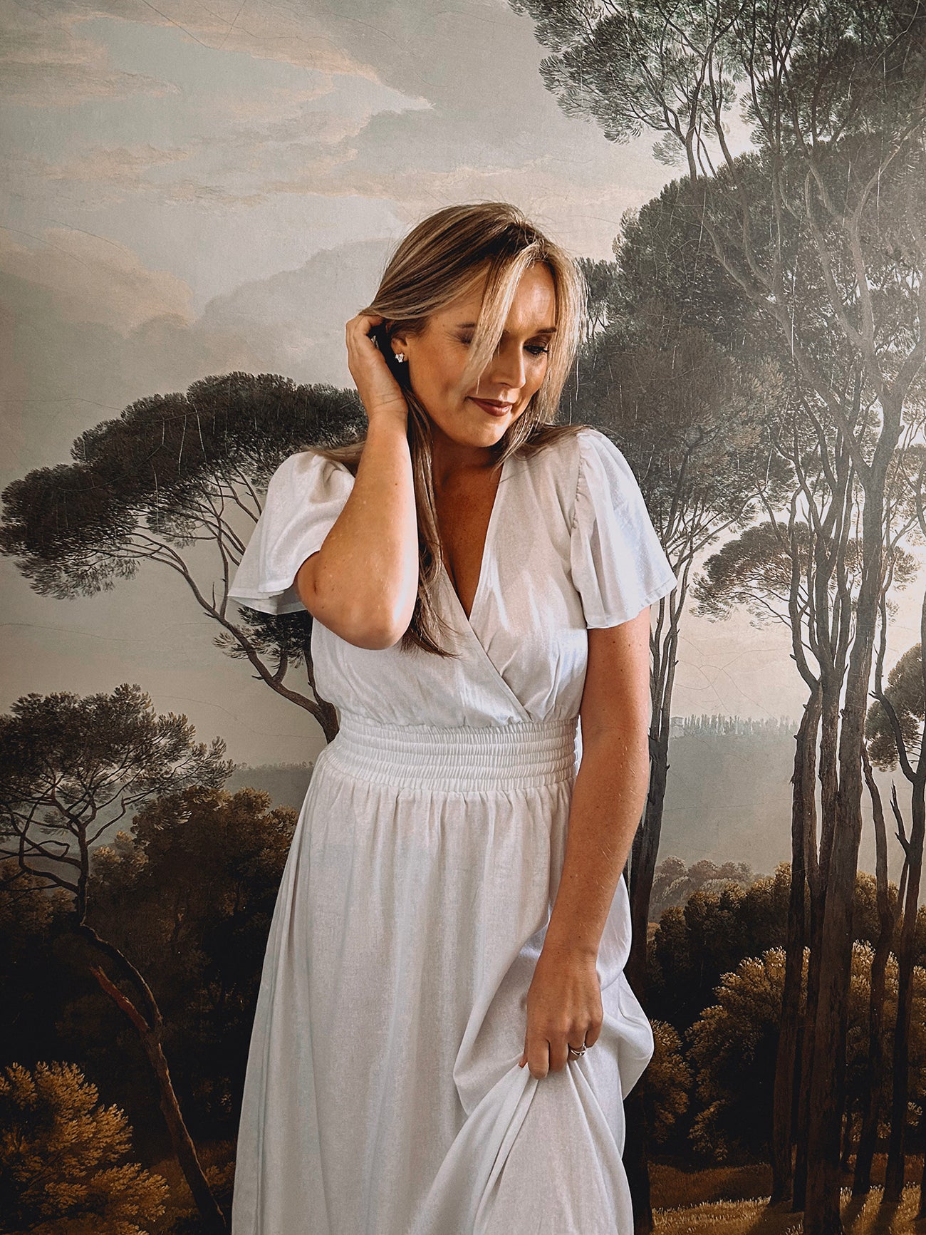 Womens Knotted Sleeve Maxi Tier Dress - White Linen