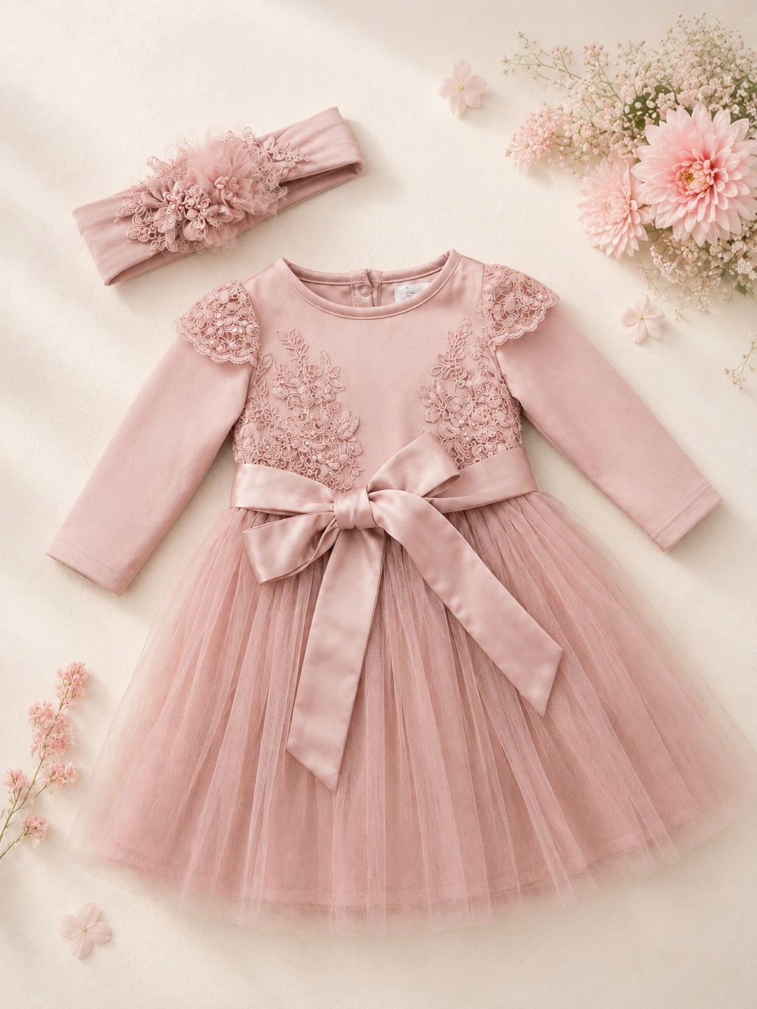 Emily long-sleeve Mauve Pink Lace Dress (headband included)
