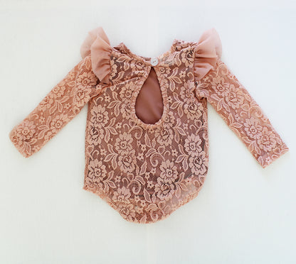 Antoinette Lace Onesie - long sleeve - Antique Rose