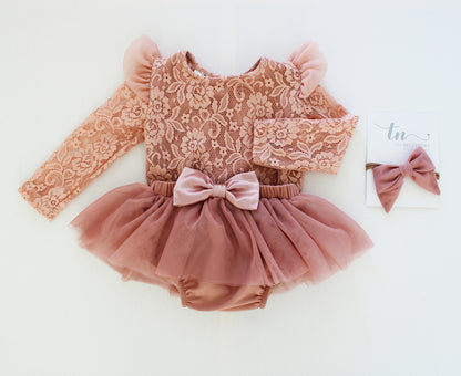 Antoinette Lace Onesie - long sleeve - Antique Rose