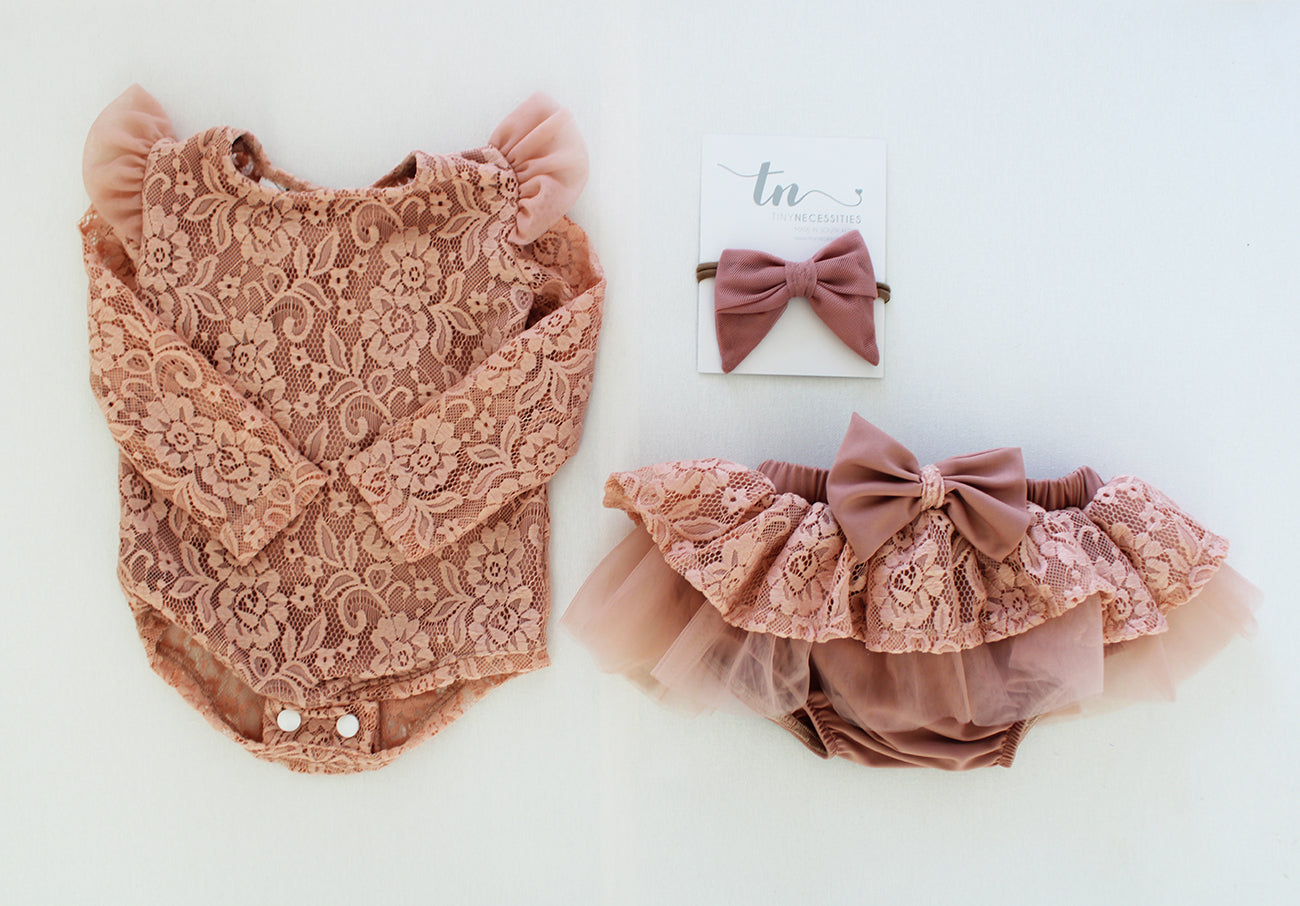 Antoinette Lace Onesie - long sleeve - Antique Rose