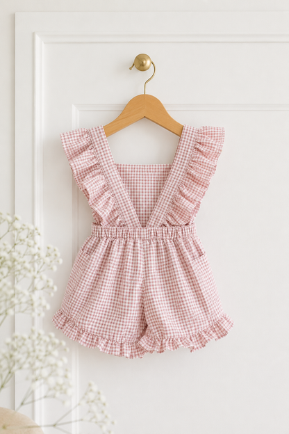 Check Pink/White Frilly Dungaree (onesie + accessories sold separately)
