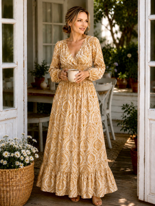 Womens Long Sleeve Maxi Tier Dress - Anthea Rust