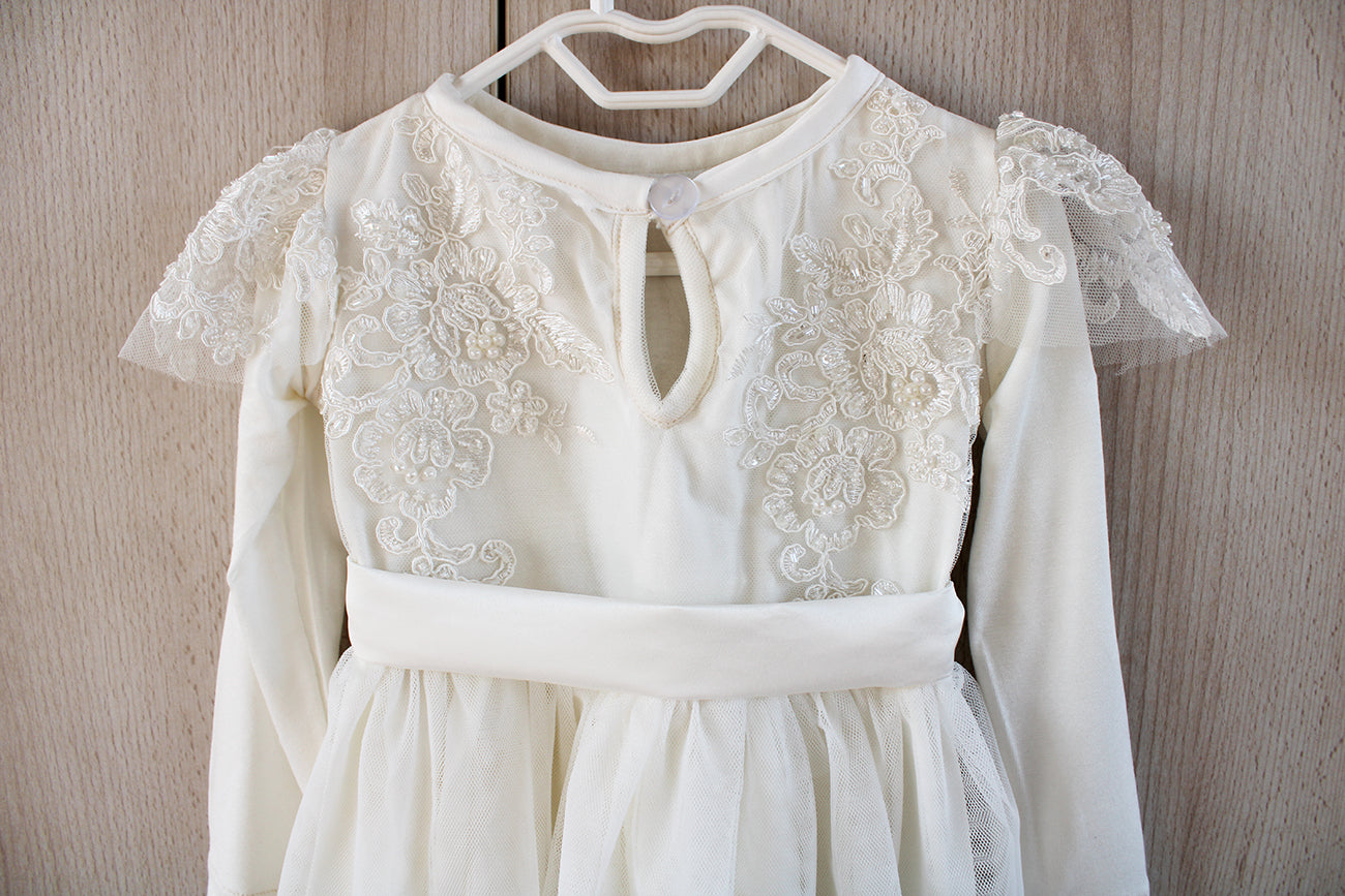 Elizabeth Beaded Lace long-sleeve off-white Dress (headband included)