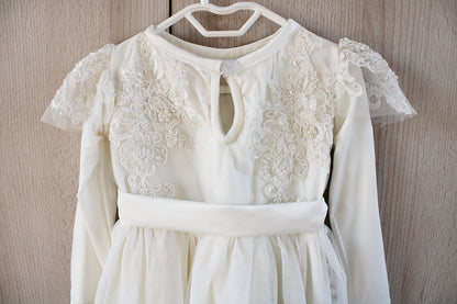 Elizabeth Beaded Lace long-sleeve off-white Dress (headband included)