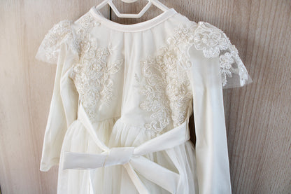 Elizabeth Beaded Lace long-sleeve off-white Dress (headband included)