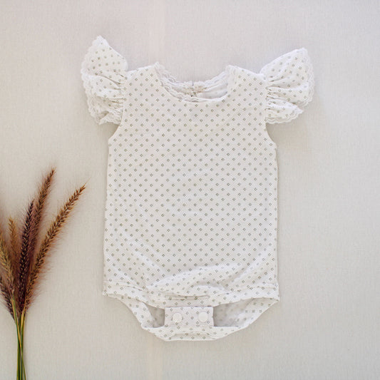 Short sleeve frilly onesie - Ditsy Lace (bloomer + headband sold separately)