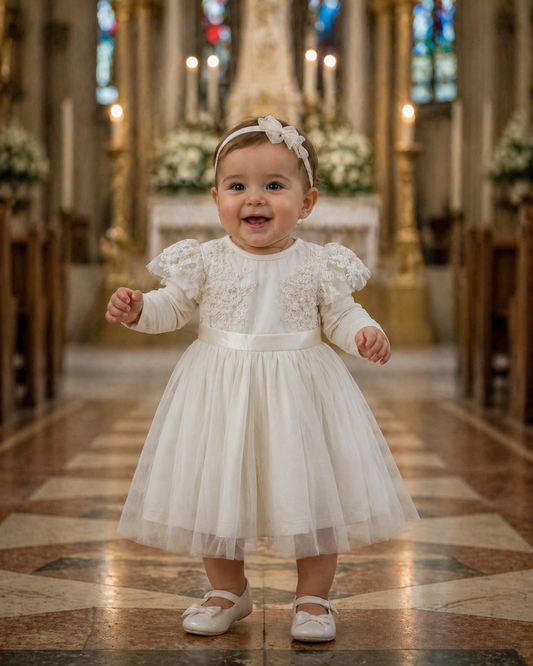 Elizabeth Beaded Lace long-sleeve off-white Dress (headband included)