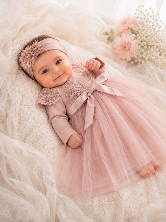Emily long-sleeve Mauve Pink Lace Dress (headband included)