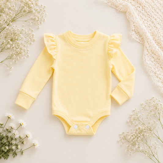 Frilly long sleeve Onesie - Butter Yellow (Bloomer & Headband sold separately)