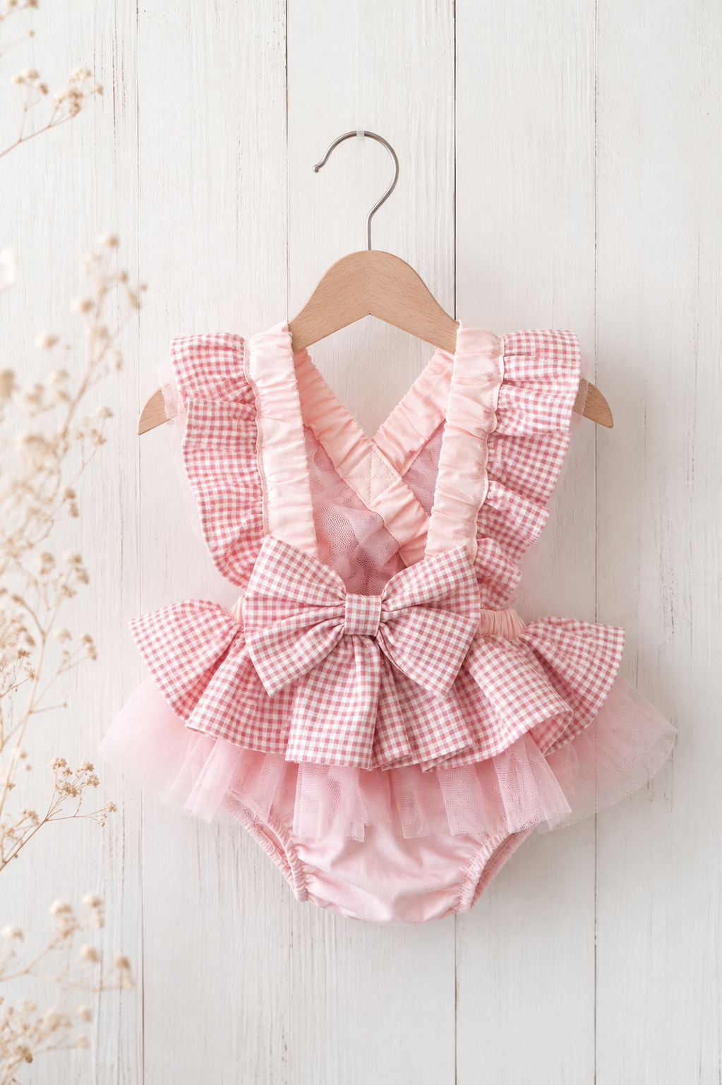 Strawberry Check Playsuit (onesie + headband + shoes sold separately)