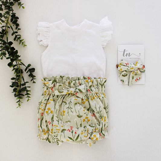 Fern Green Blossoms Frilly high waist Bloomer with bow (headband + onesie sold separately)