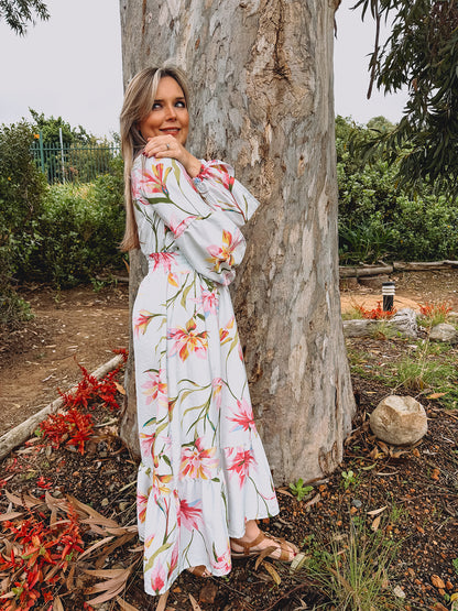 Womens Open Long sleeve Maxi Tier Dress - Powder Blue Fields