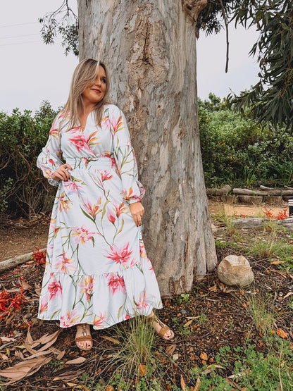 Womens Open Long sleeve Maxi Tier Dress - Powder Blue Fields