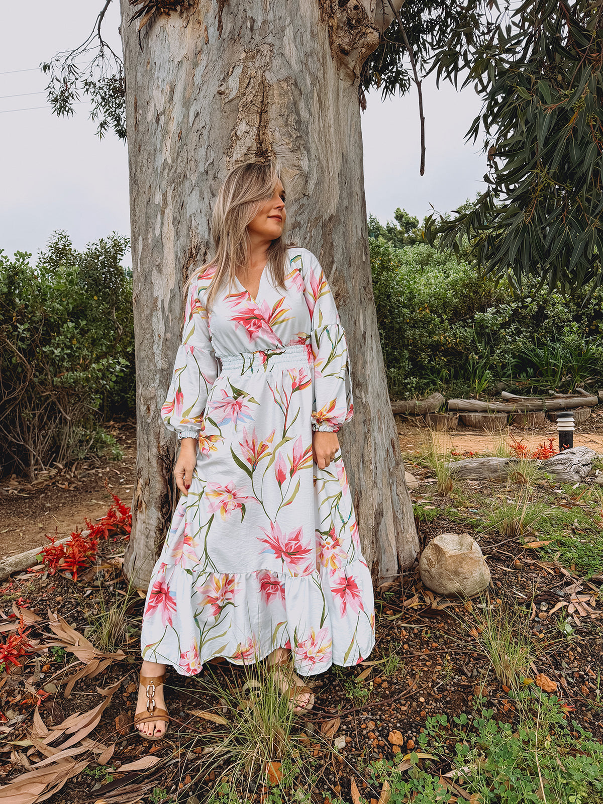 Womens Open Long sleeve Maxi Tier Dress - Powder Blue Fields
